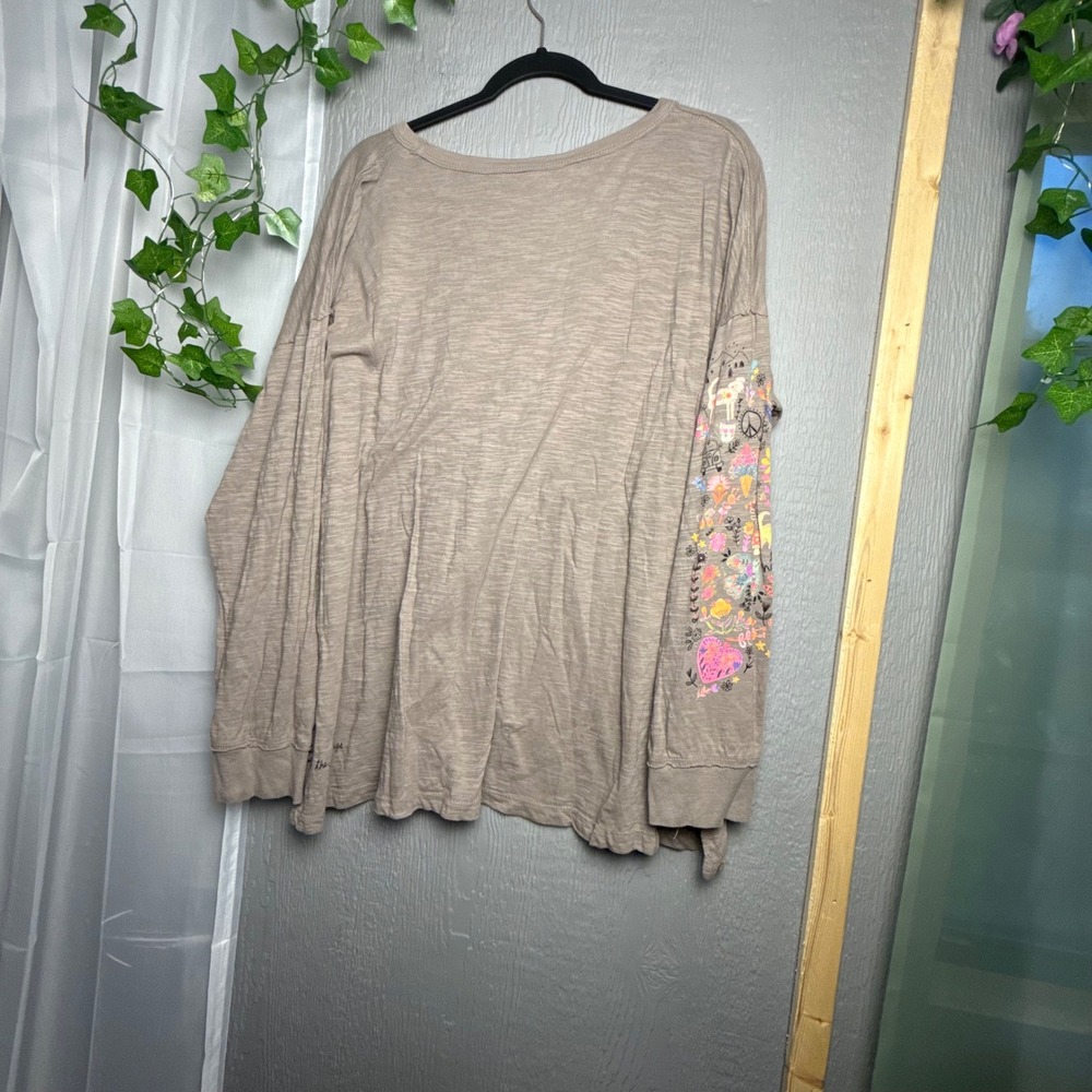 Natural Life Cotton Doodle Tee Ash Tan Oversized Boho Long Sleeve Top Large - Picture 3 of 8